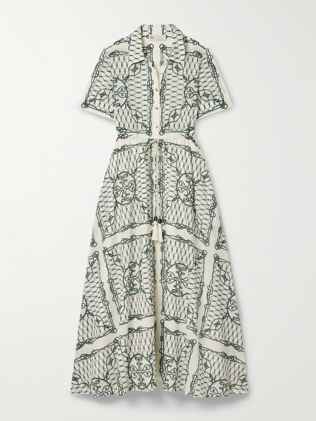 Shop Tory Burch Tasseled Printed Cotton-voile Midi Dress In White