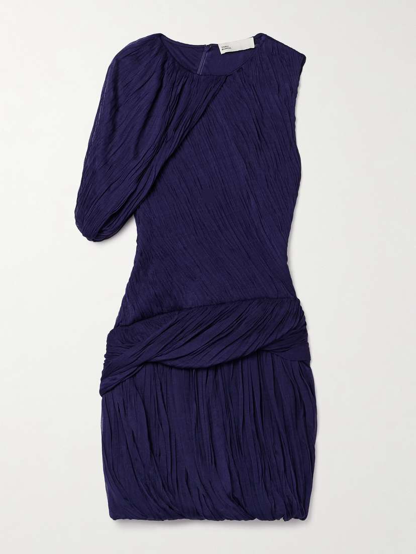 Tory Burch One-sleeve Draped Silk-plissé Mini Dress
