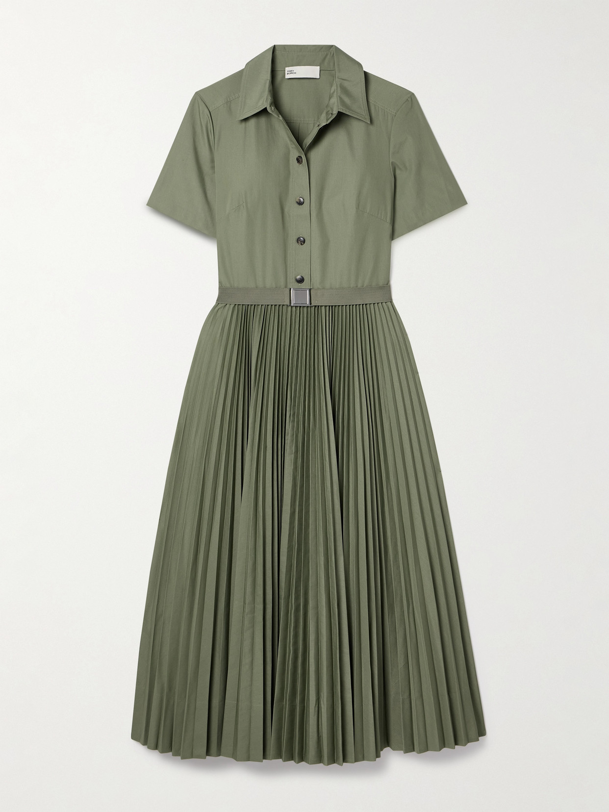 Tory Burch Belted Pleated Poplin Midi Shirt Dress In Green