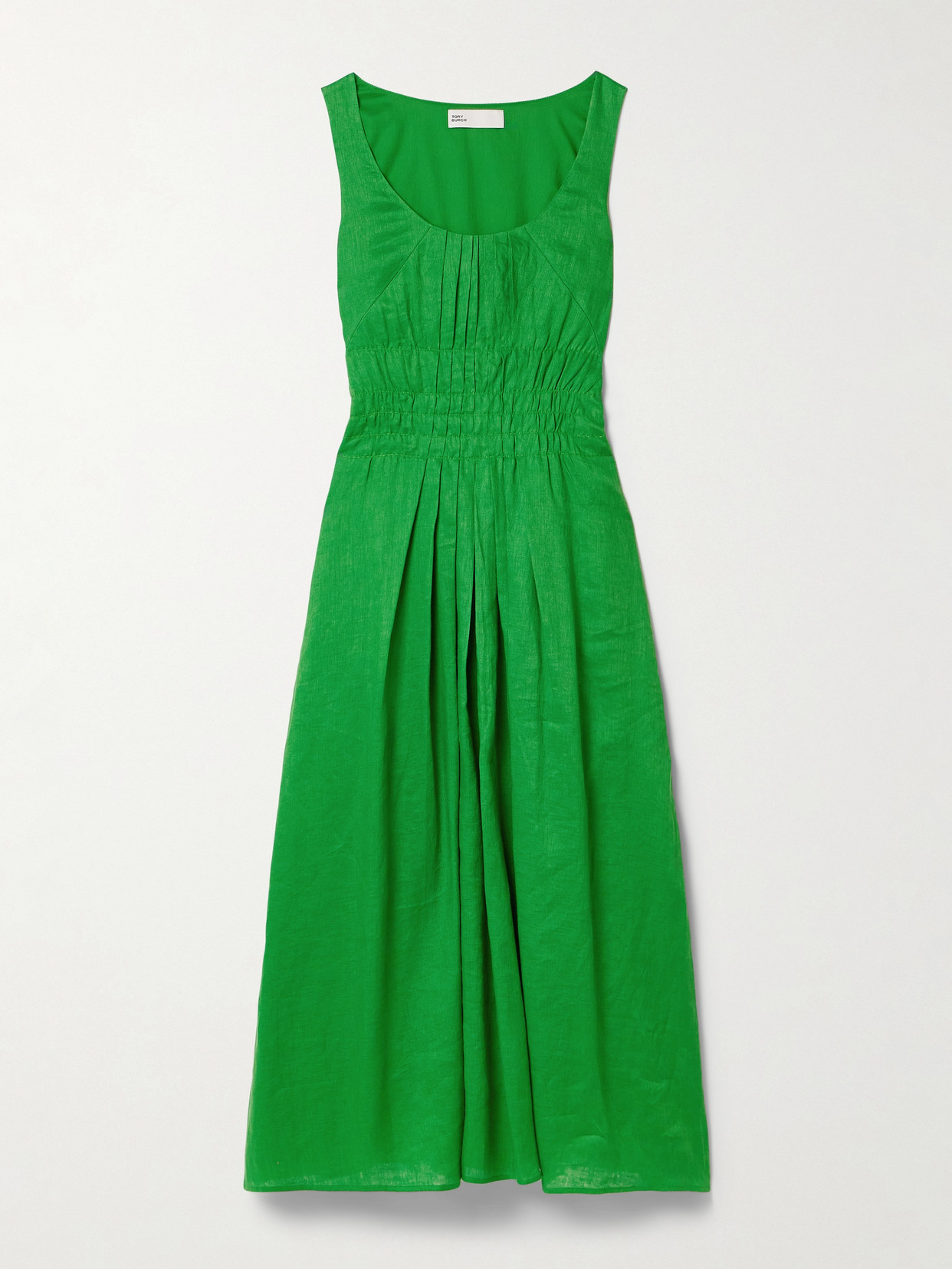 Shop Tory Burch Pleated Linen Midi Dress In Green