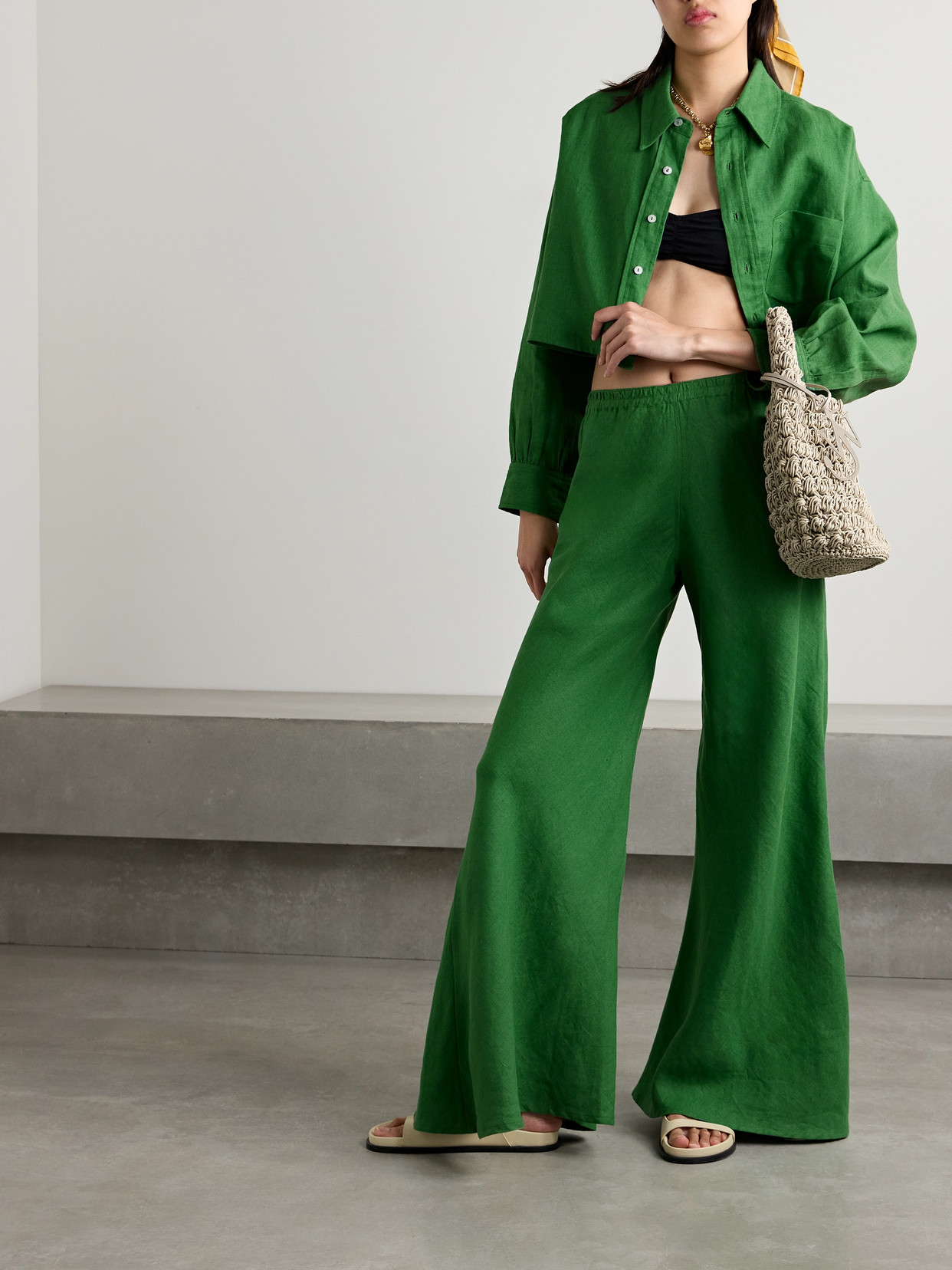 Shop Suzie Kondi Aensi Linen Wide-leg Pants In Green