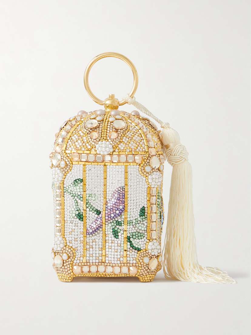 Judith Leiber Couture Birdcage Tasselled Crystal-embellished Silver And Gold-tone Clutch