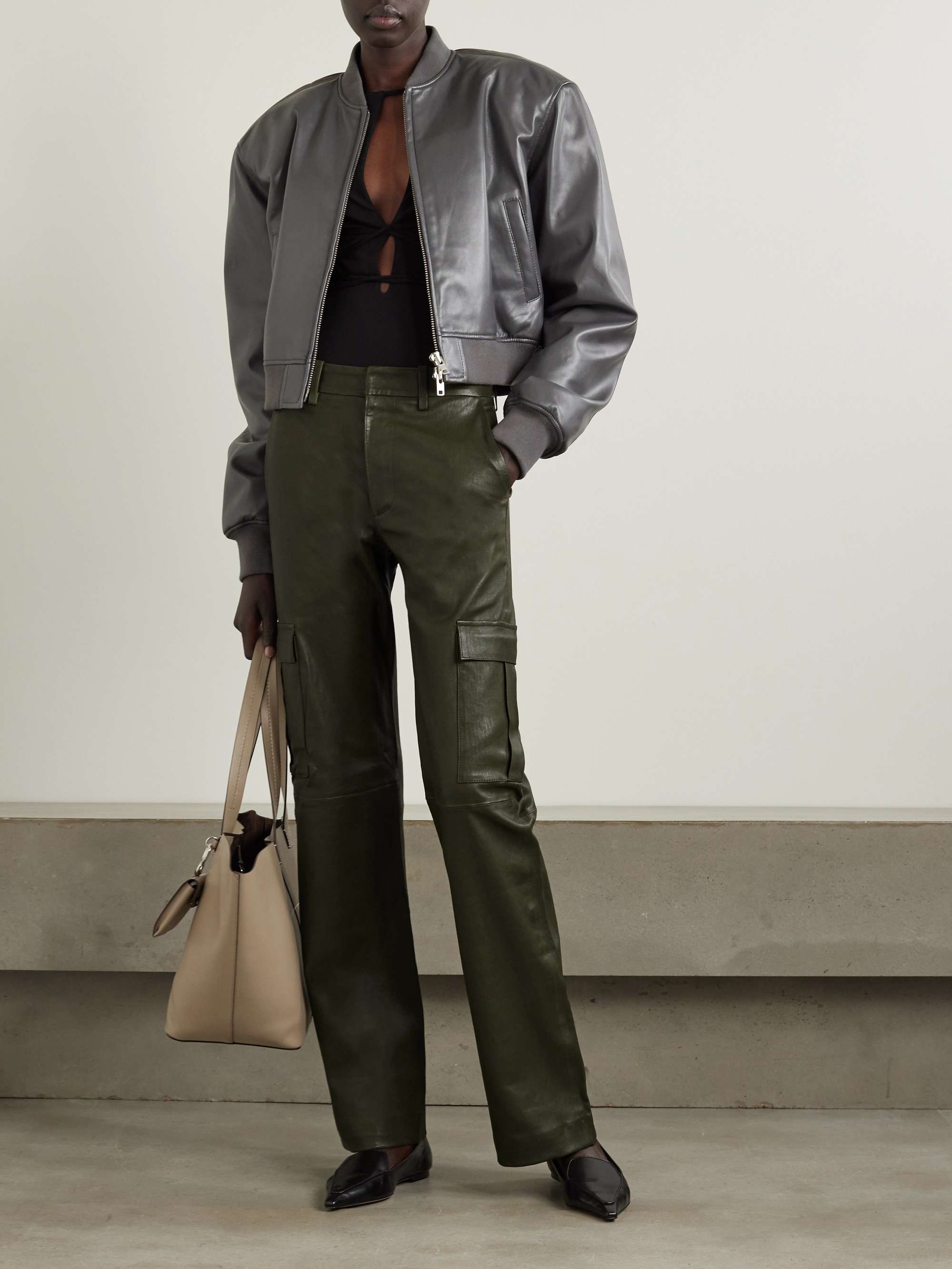 Leather wide leg cargo pants green x small