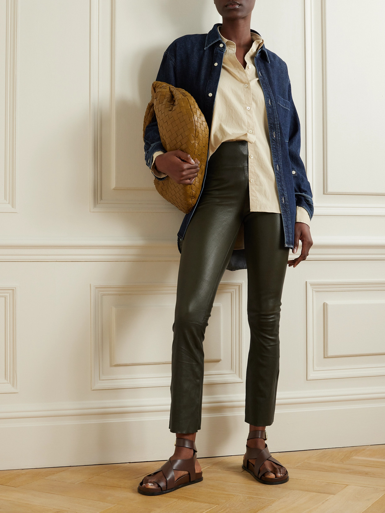 Sprwmn Leather High-waist Cropped Flare Leggings In Green