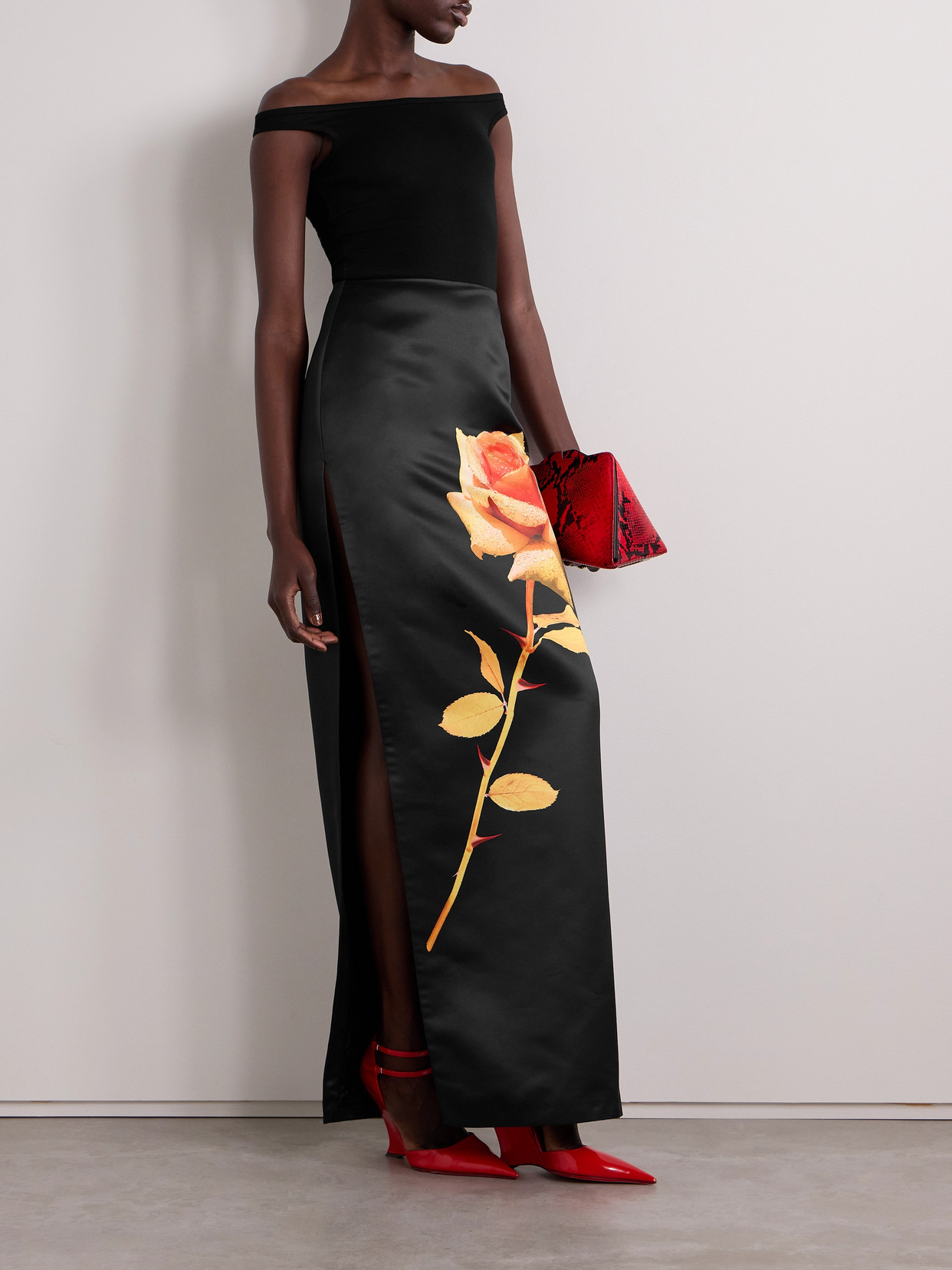 Shop David Koma Floral-print Duchesse-satin Maxi Skirt In Black