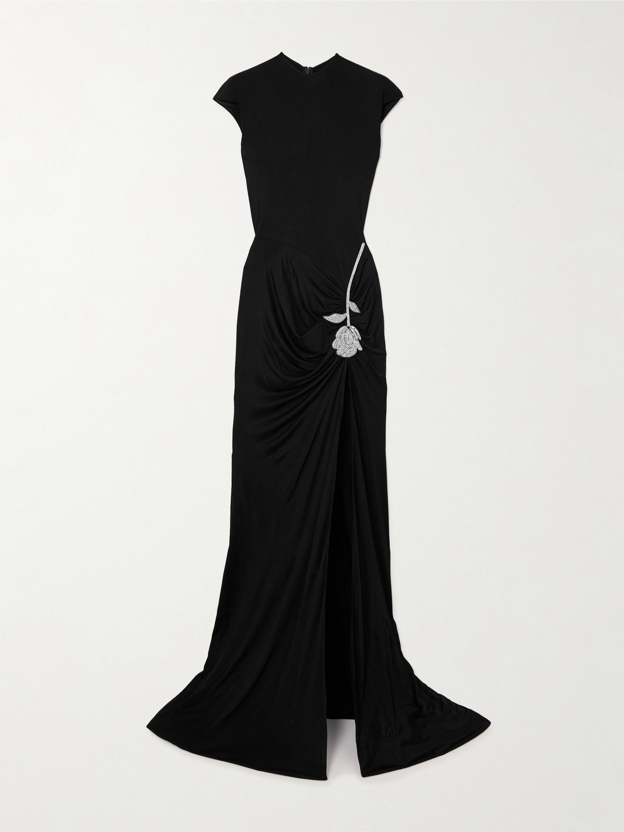 Shop David Koma Ruched Embellished Satin-jersey Gown In Black