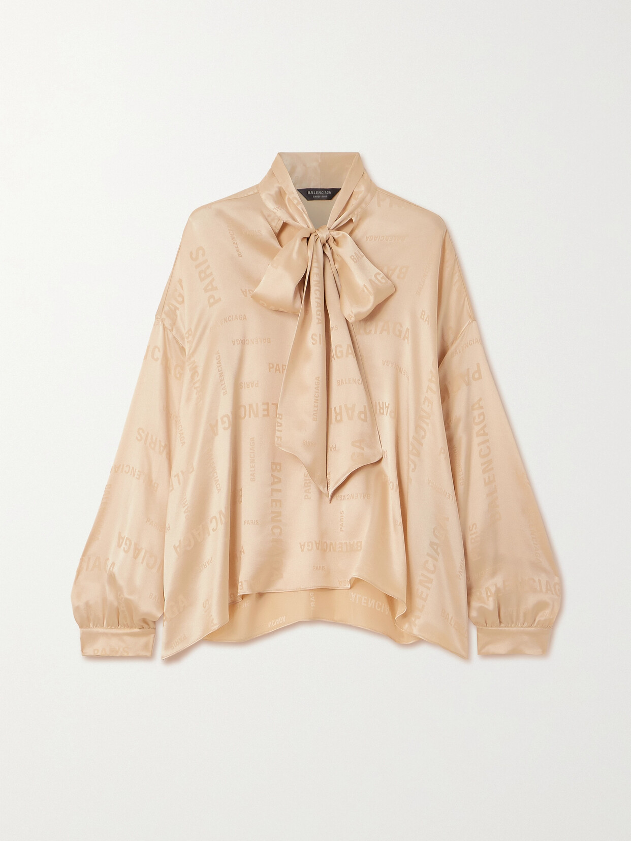 Balenciaga Oversized Pussy-bow Silk-satin Jacquard Blouse In Neutrals