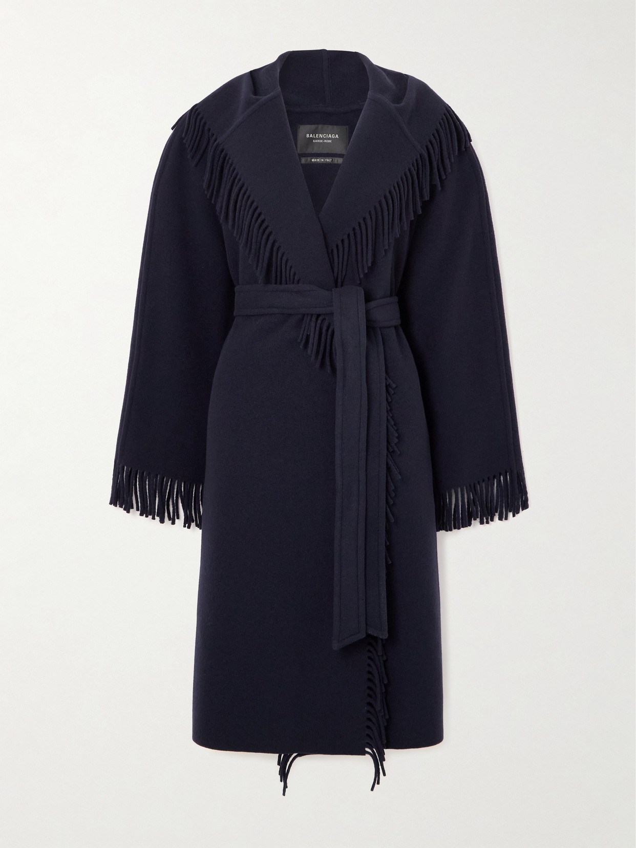 Balenciaga Fringed Hooded Brushed Wool Coat In Navy