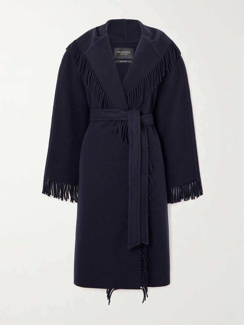 Balenciaga Fringed Hooded Brushed Wool Coat
