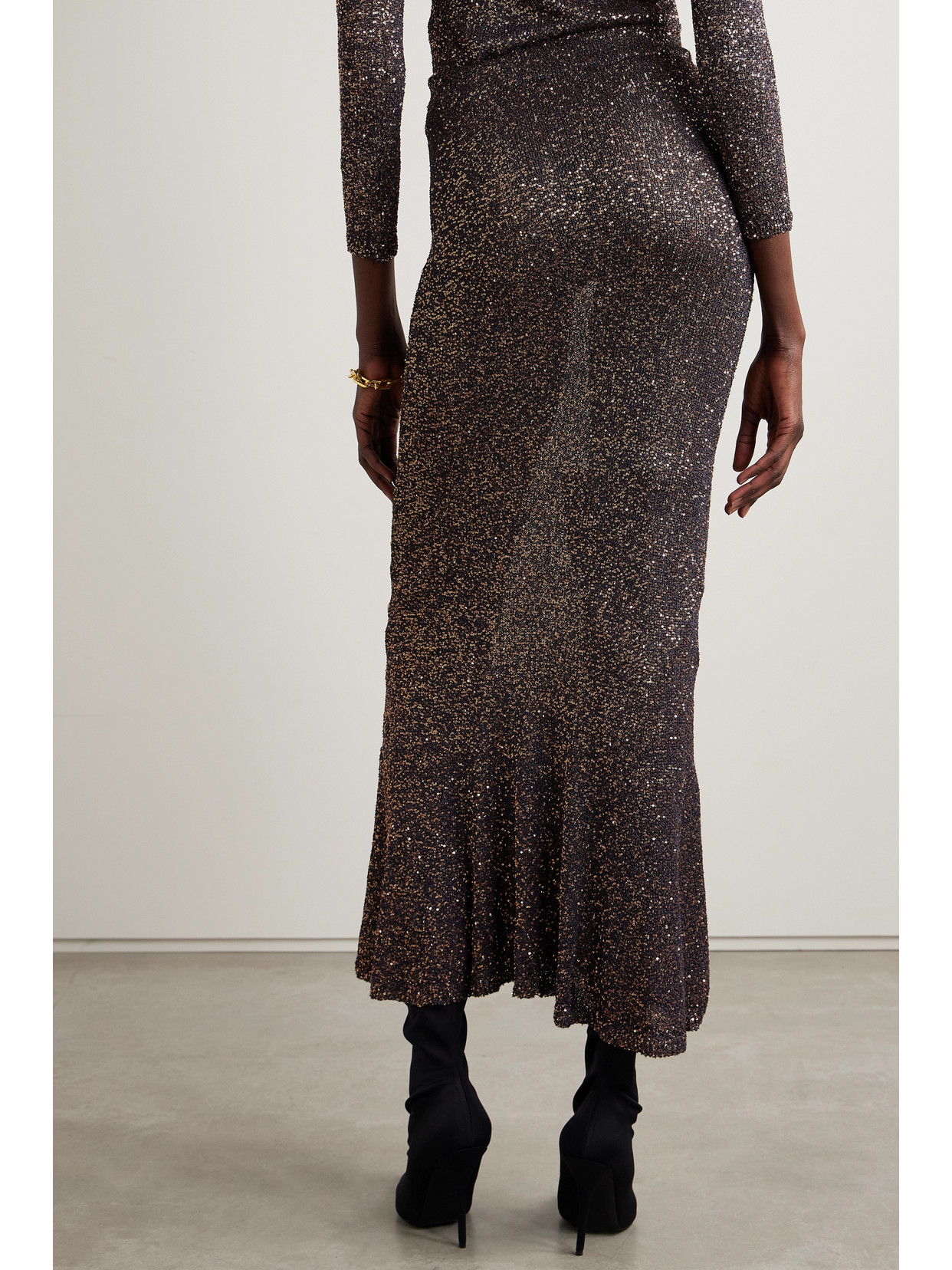 Shop Balenciaga Sequined Stretch-knit Maxi Skirt In Brown