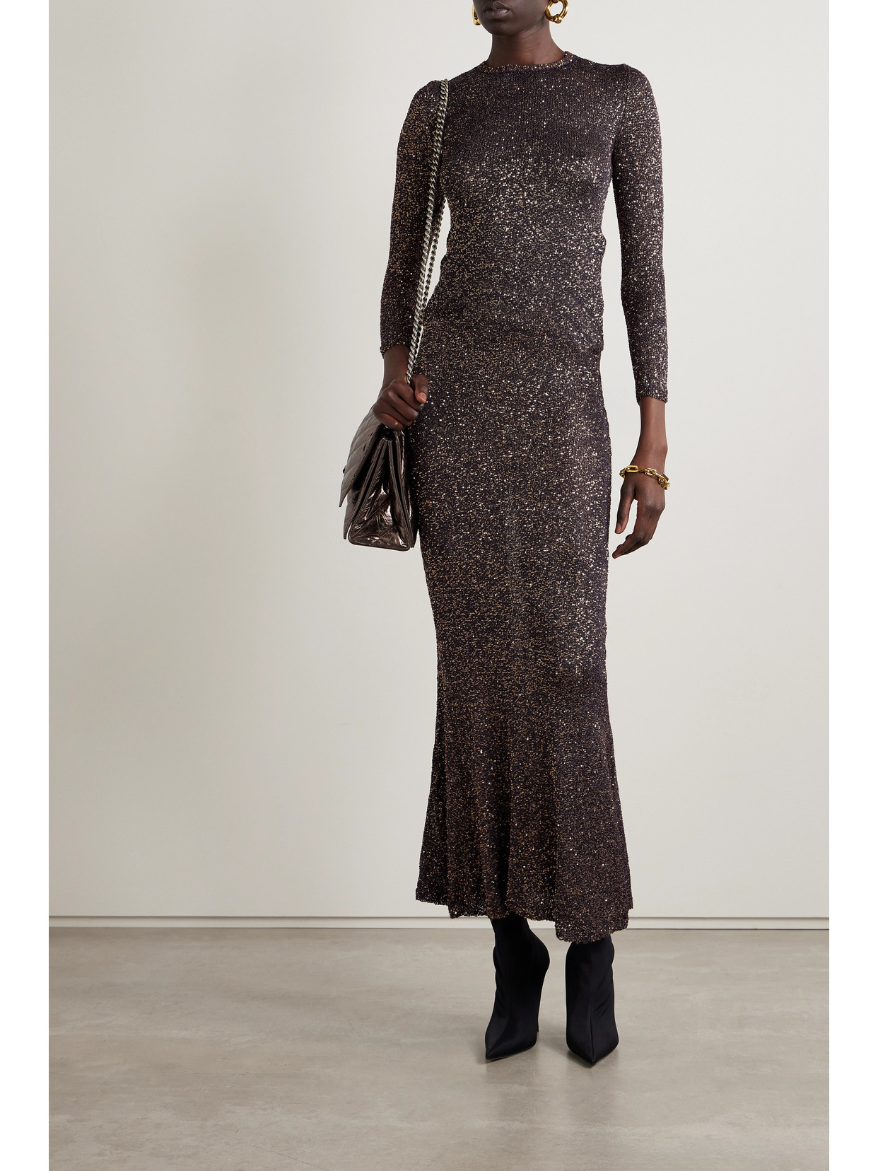 Shop Balenciaga Sequined Stretch-knit Maxi Skirt In Brown