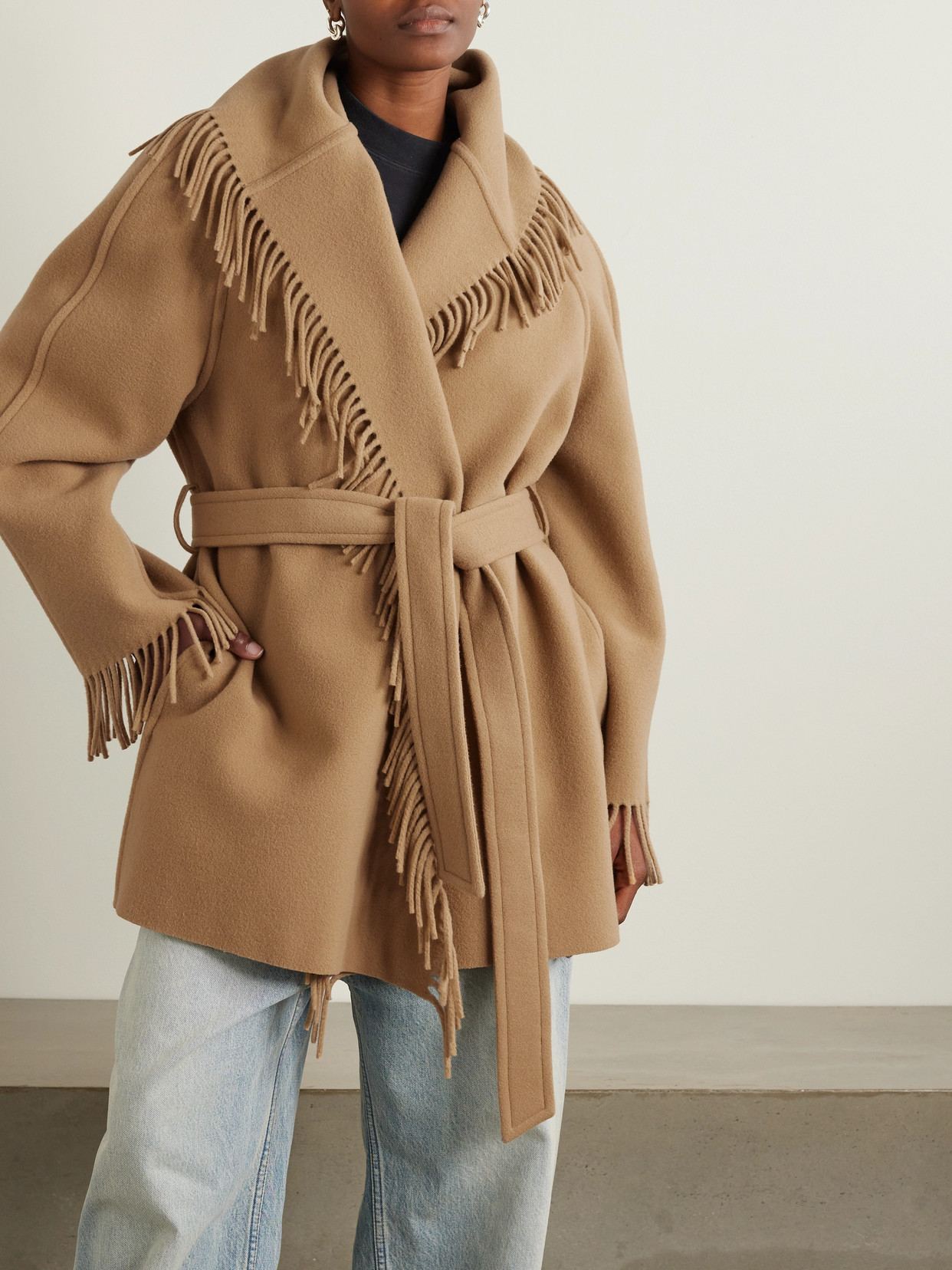 Shop Balenciaga Belted Fringed Wool Jacket In Neutrals