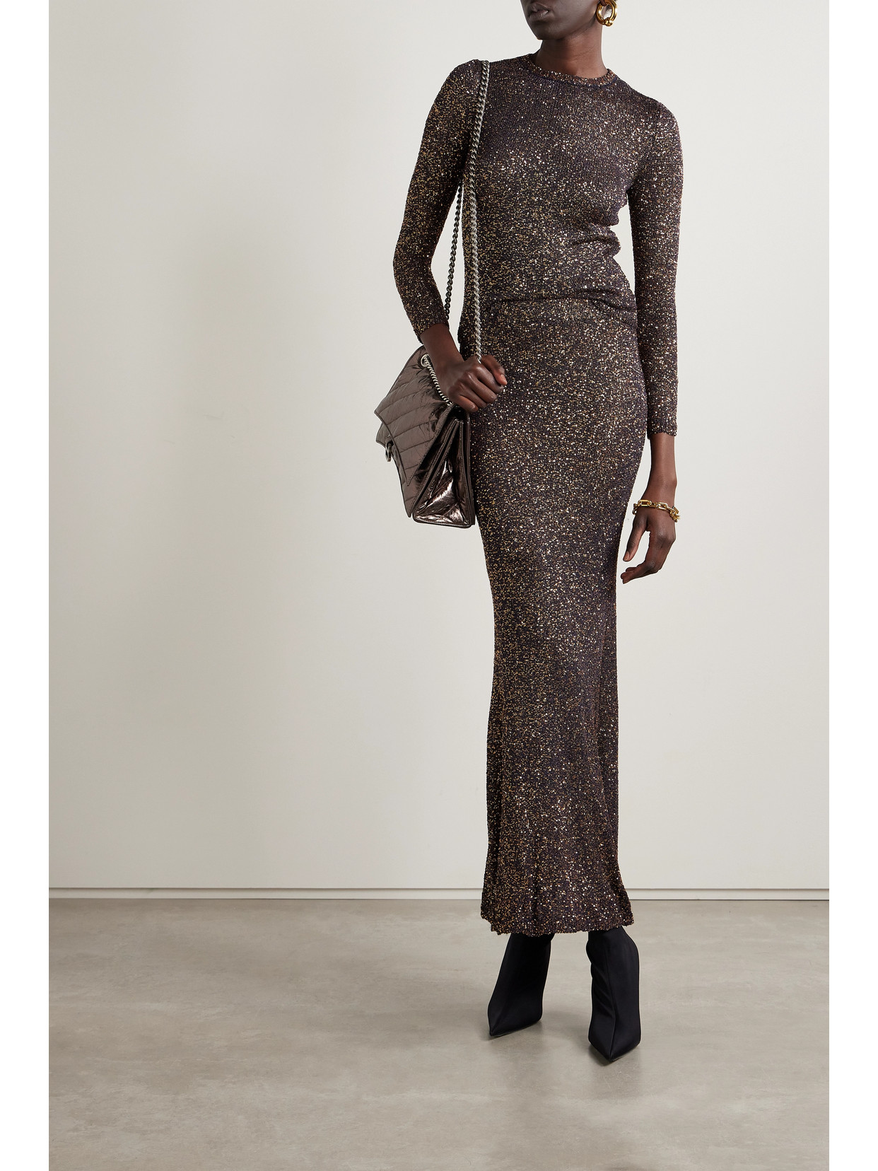 Shop Balenciaga Sequined Stretch-knit Sweater In Brown