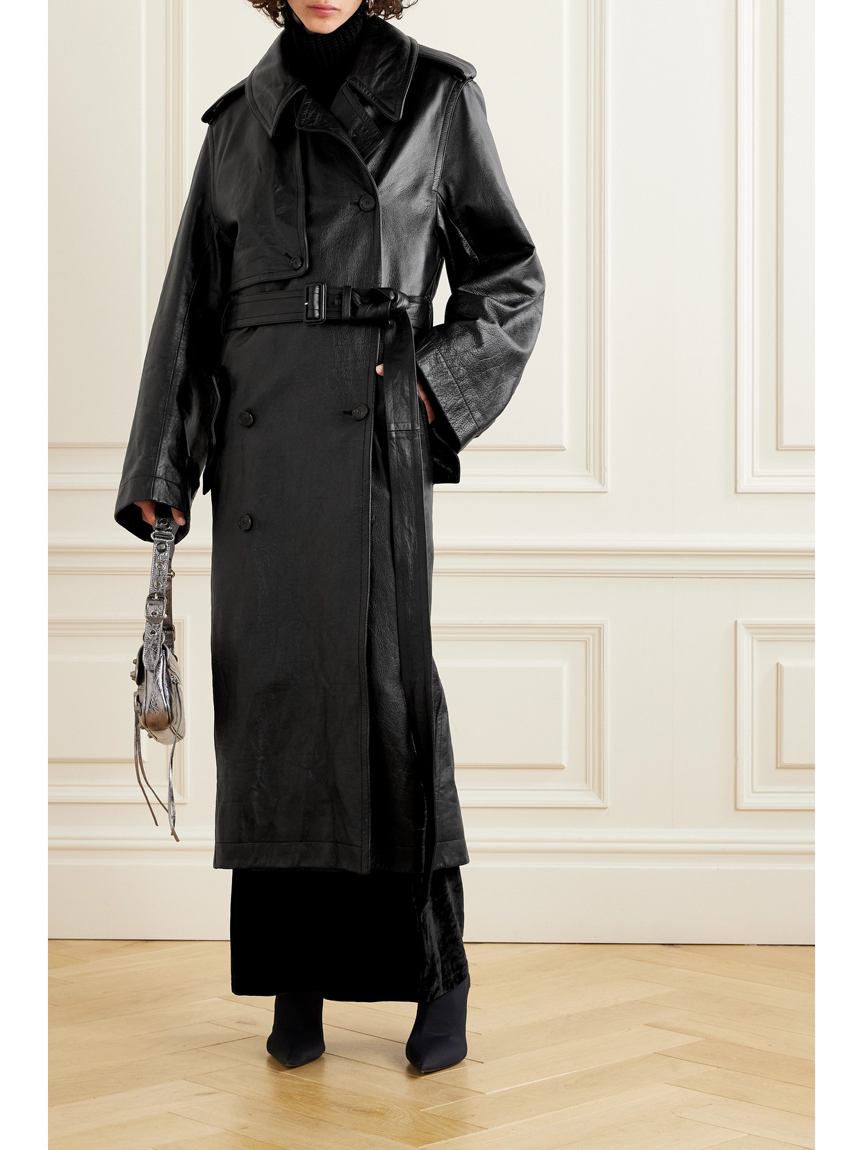 Cocoon Double-Breasted Belted Leather Trench