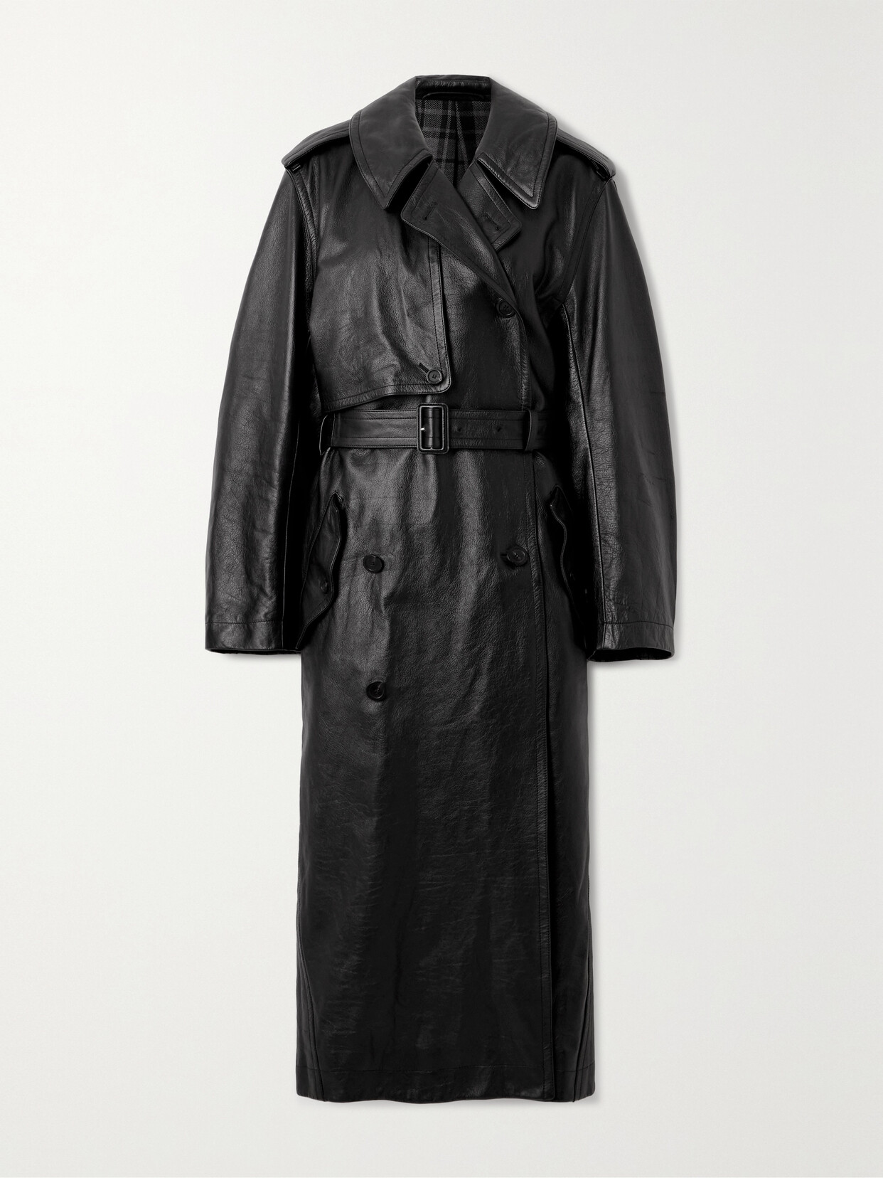 Balenciaga Cocoon Double-breasted Belted Leather Trench In Black