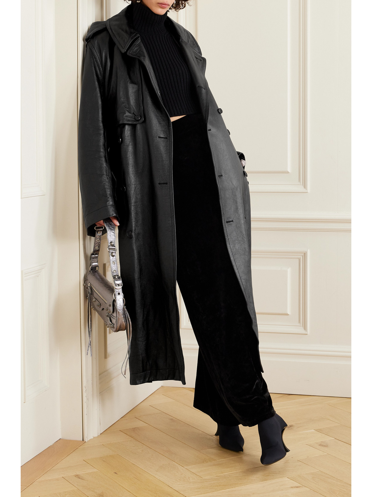 Cocoon Double-Breasted Belted Leather Trench