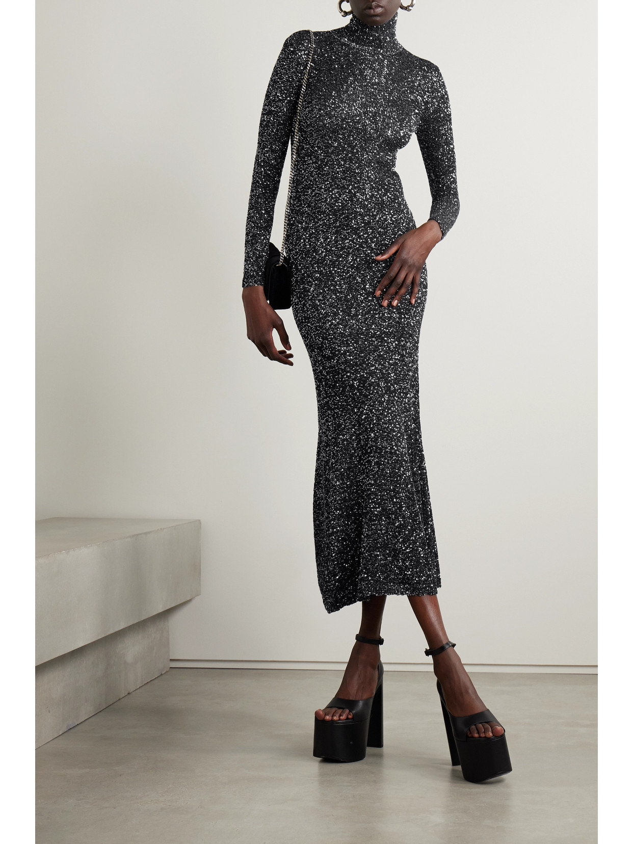 Shop Balenciaga Sequined Stretch-knit Turtleneck Maxi Dress In Black