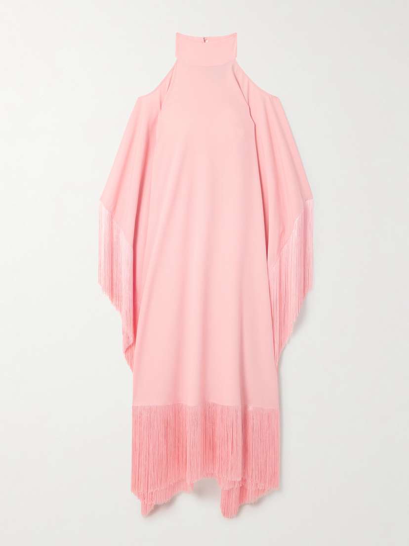 Taller Marmo Divina Fringed Off-the-shoulder Cady Halterneck Gown