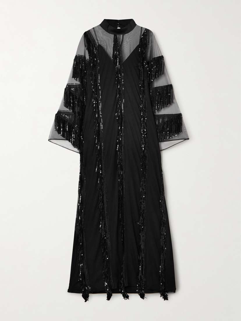 Taller Marmo Showgirl Fringed Sequined Tulle And Cady Gown