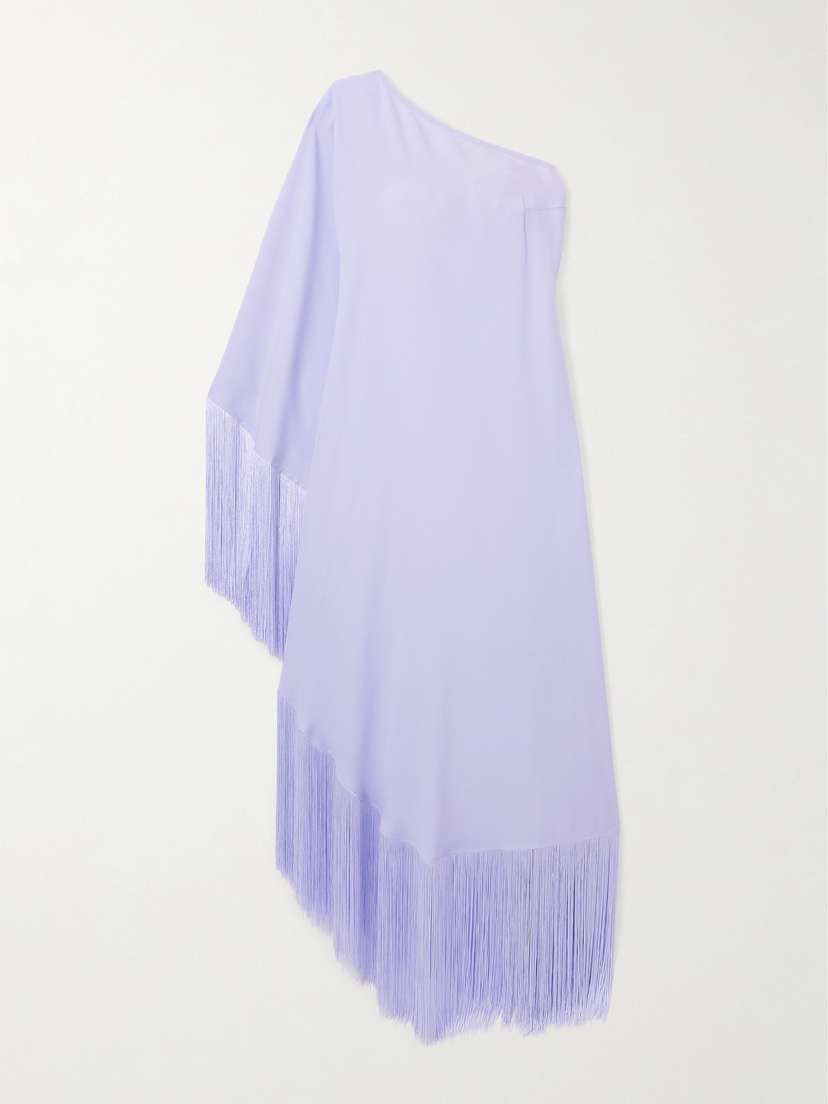 Taller Marmo Spritz One-sleeve Fringed Crepe Gown