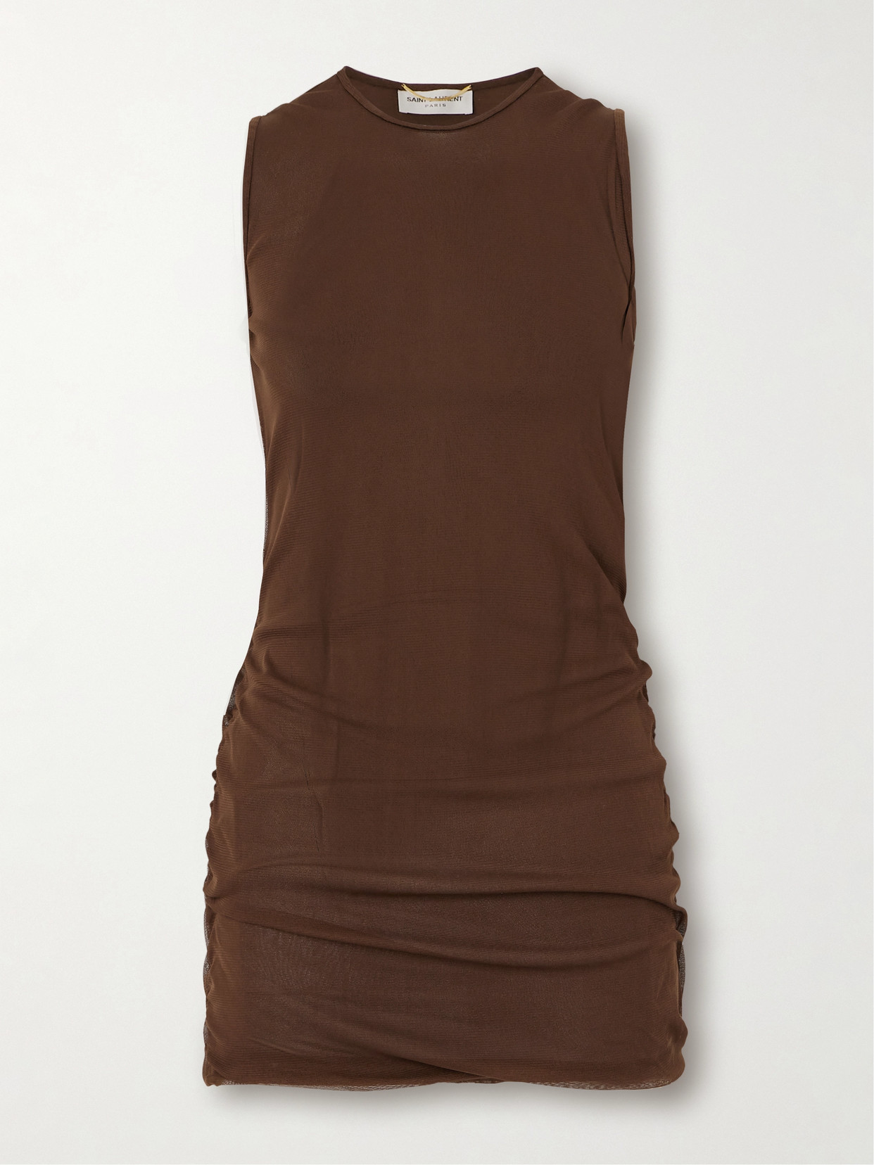 Saint Laurent Ruched Stretch-tulle Mini Dress In Brown