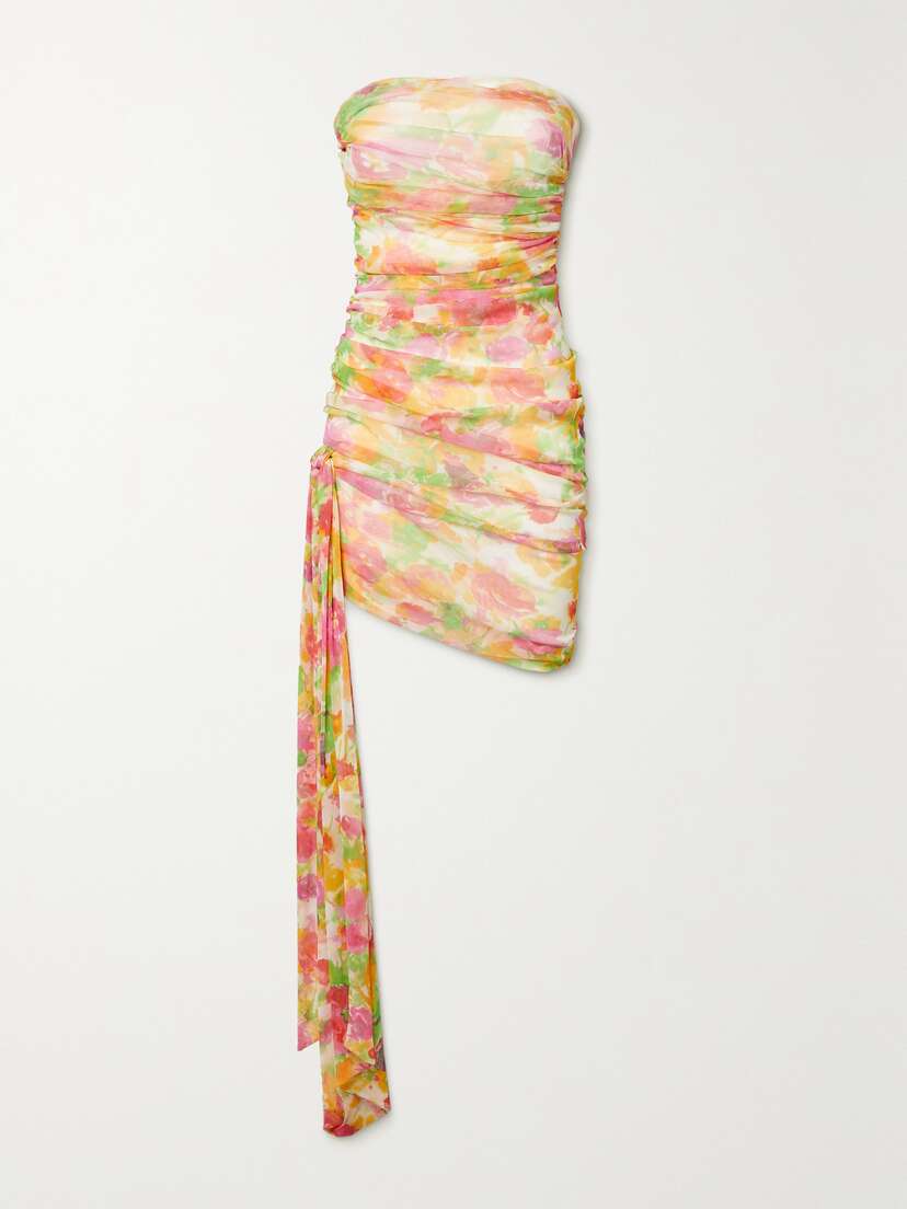 Saint Laurent Strapless Asymmetric Ruched Floral-print Tulle Mini Dress