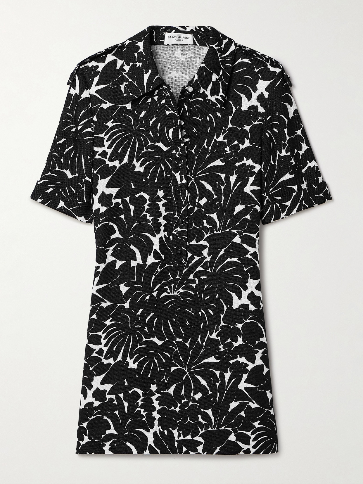 Saint Laurent Palm Print Collared Mini Dress In Black