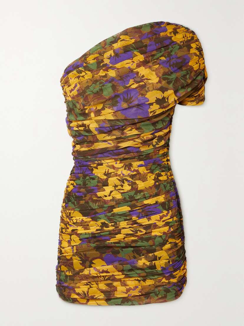 Saint Laurent One-shoulder Floral-print Ruched Tulle Mini Dress