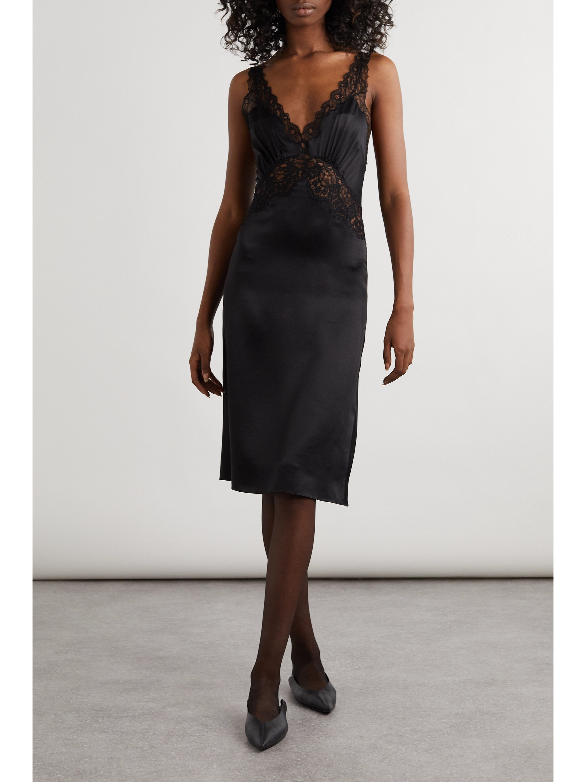 Saint Laurent Lace-trimmed silk-satin dress