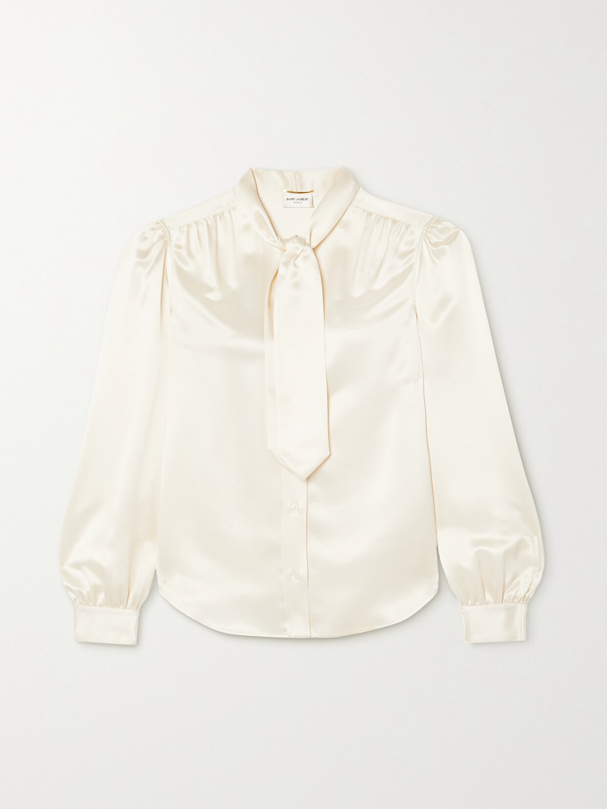 Saint Laurent Cropped Pussy-bow Silk-charmeuse Blouse In Cream