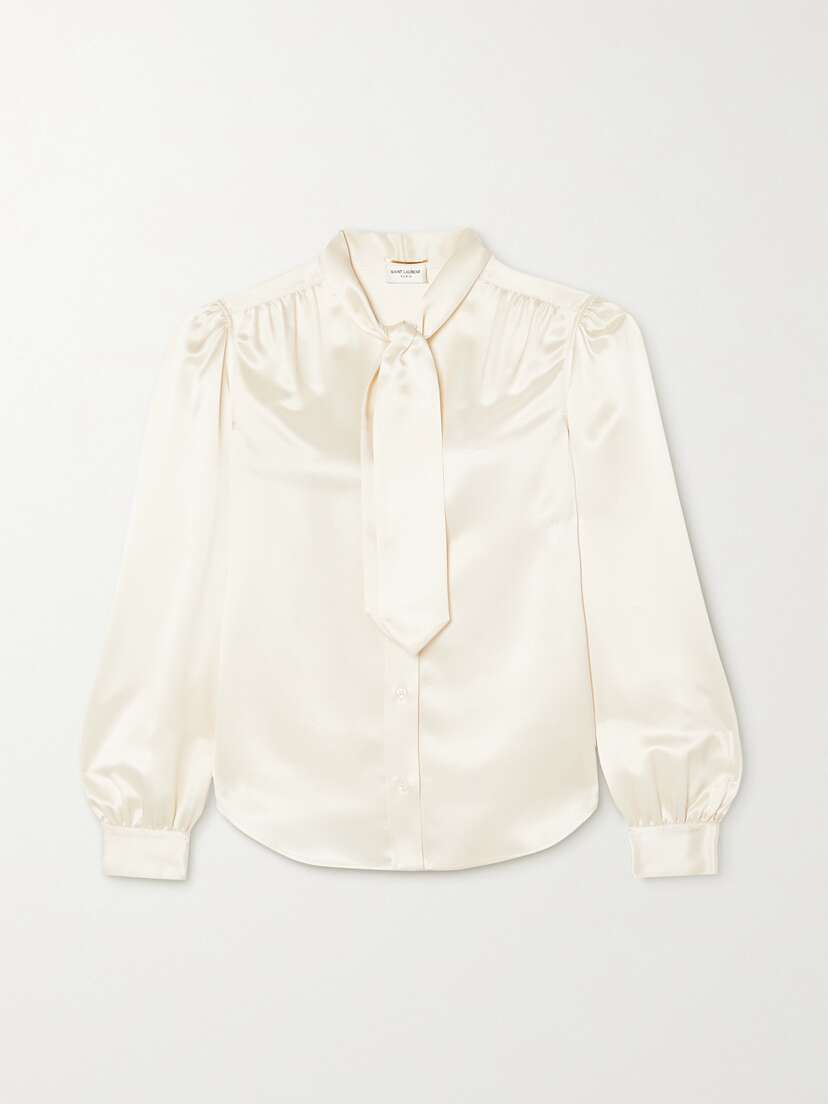 Saint Laurent Cropped Pussy-bow Silk-charmeuse Blouse