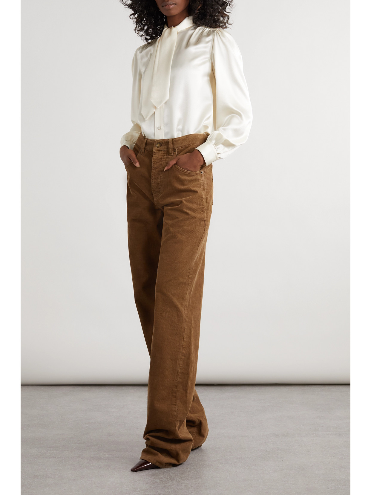 Cropped Pussy-Bow Silk-Charmeuse Blouse
