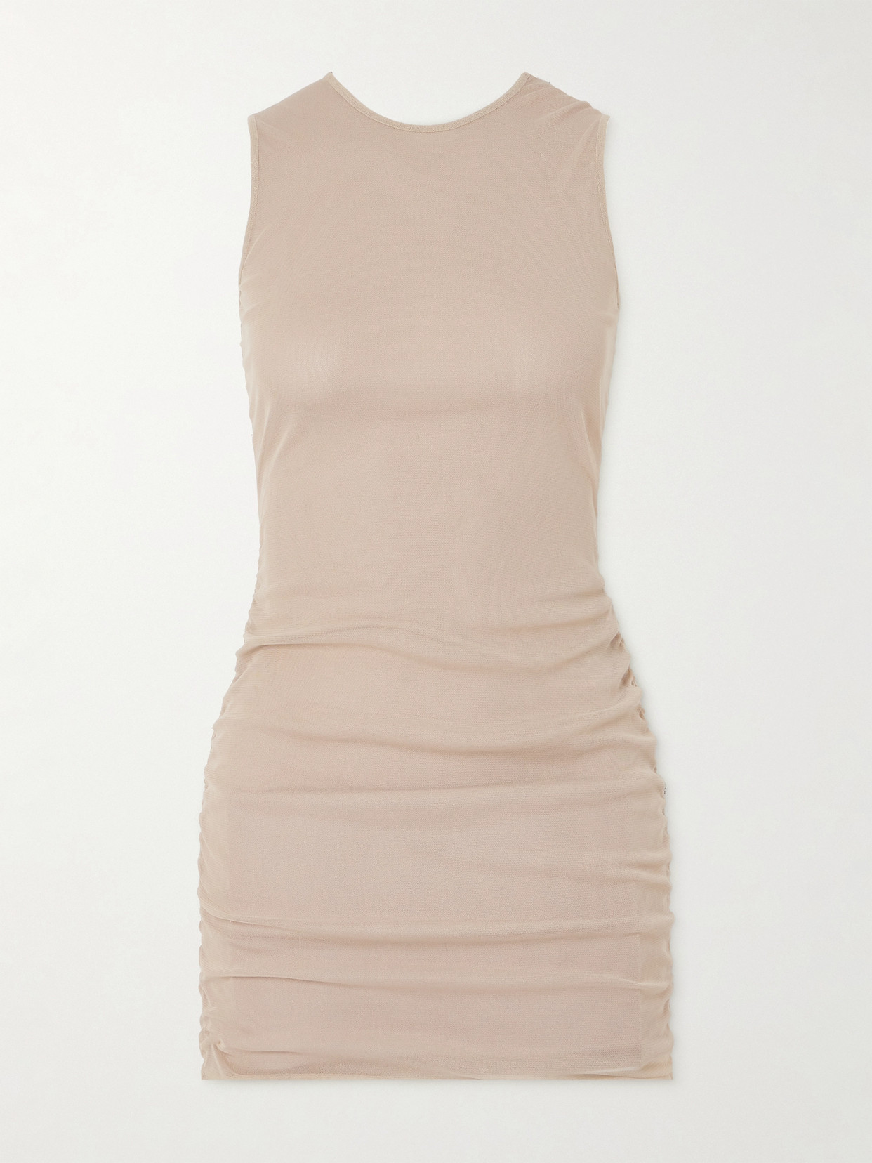 Shop Saint Laurent Ruched Stretch-tulle Mini Dress In Neutrals