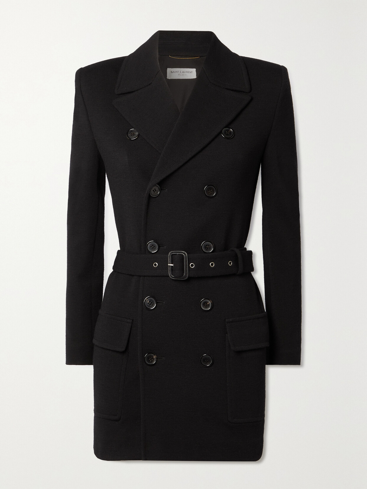 Saint Laurent Belted Double-breasted Wool-blend Jersey Trench Coat In Black