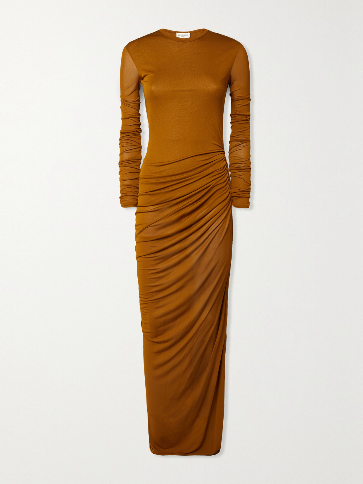 Saint Laurent Ruched Jersey Maxi Dress In Brown