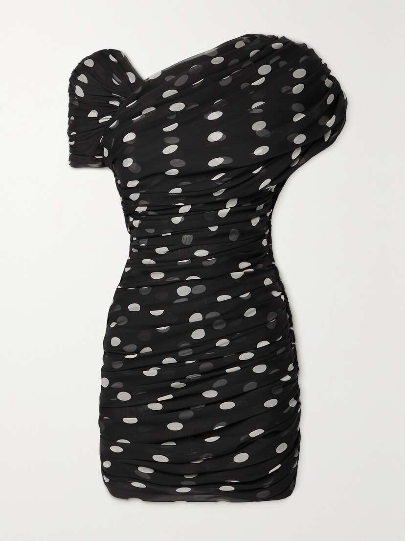 Saint Laurent Asymmetric Ruched Polka-dot Silk-chiffon Mini Dress