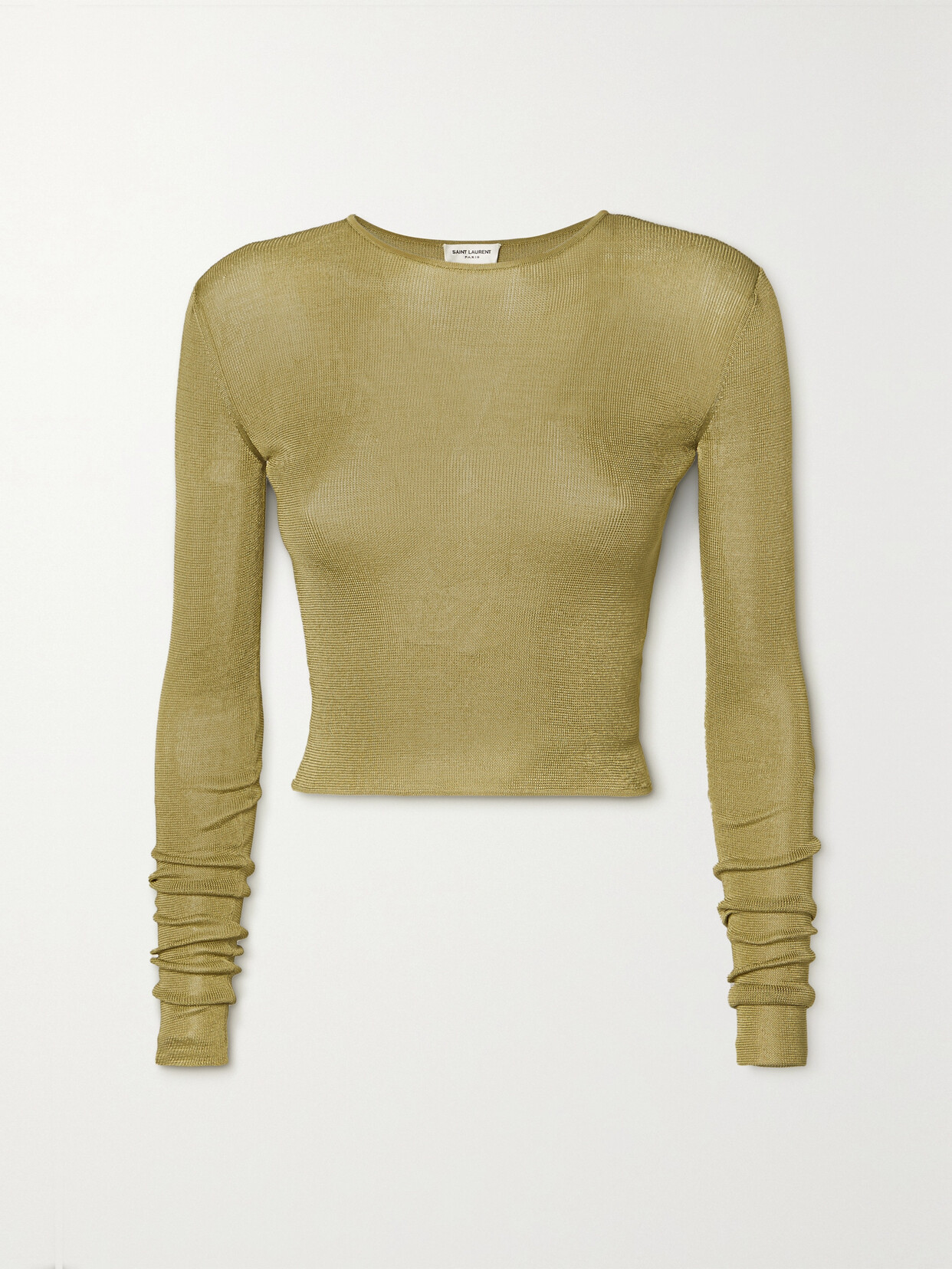 Shop Saint Laurent Cropped Metallic Knitted Top In Green