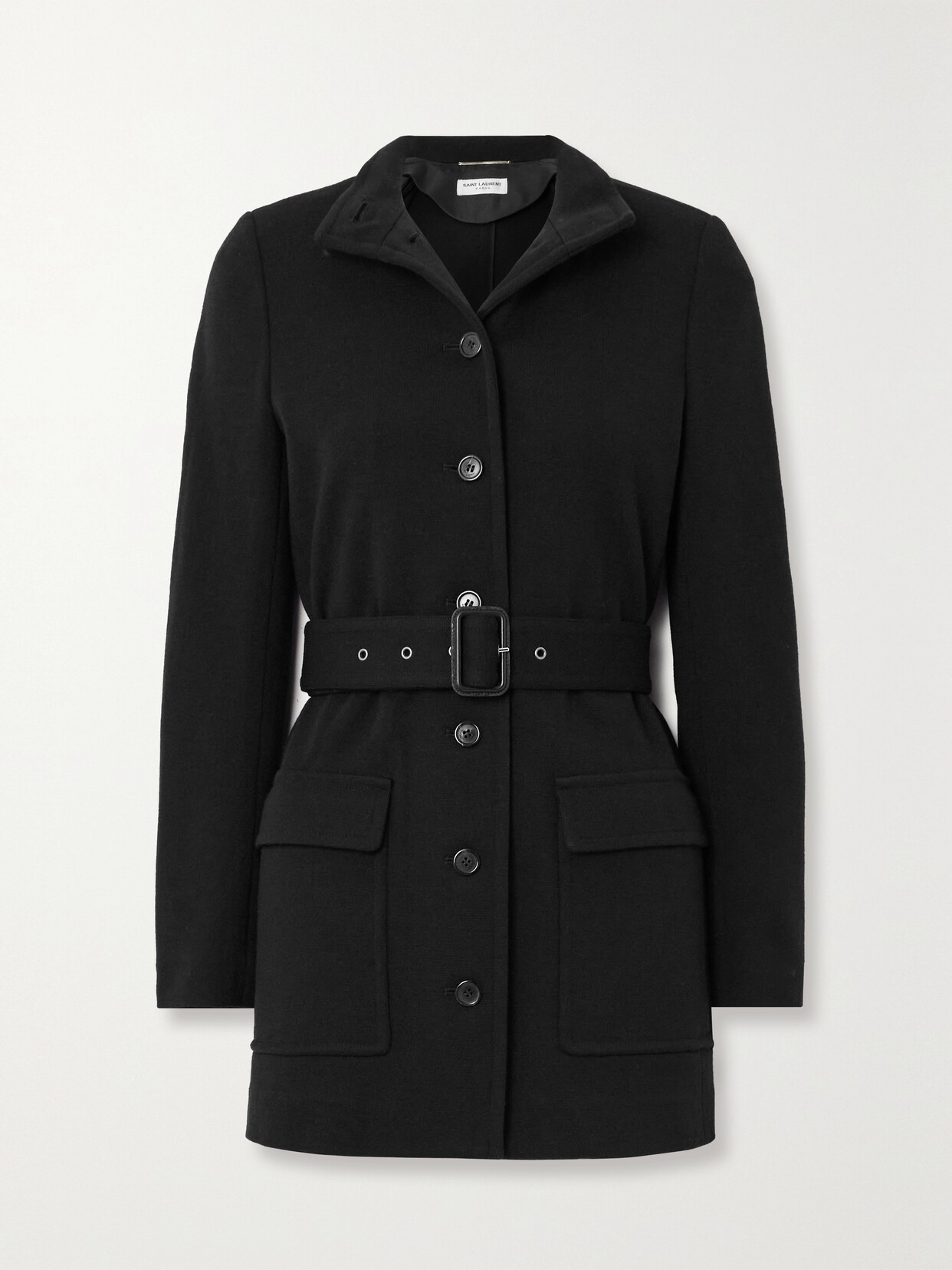 Shop Saint Laurent Belted Wool-blend Jacket In Black