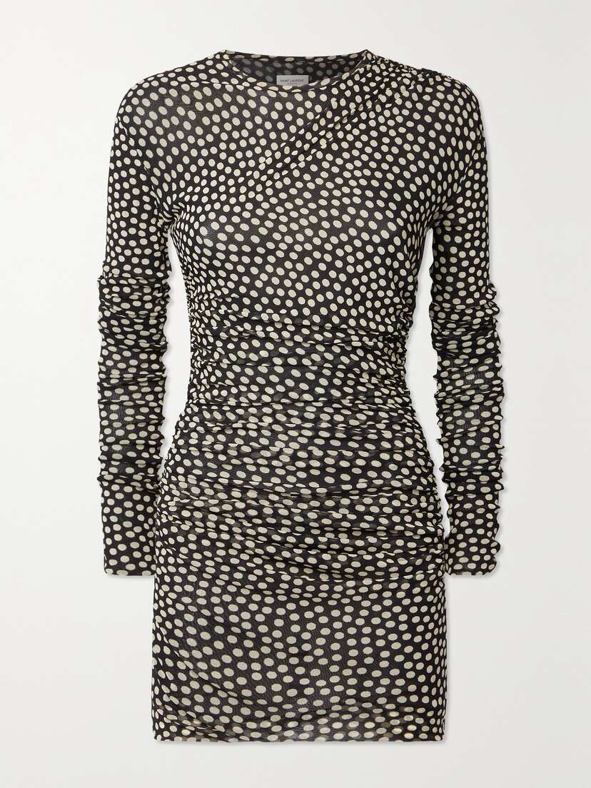 Saint Laurent Ruched Polka-dot Tulle Mini Dress