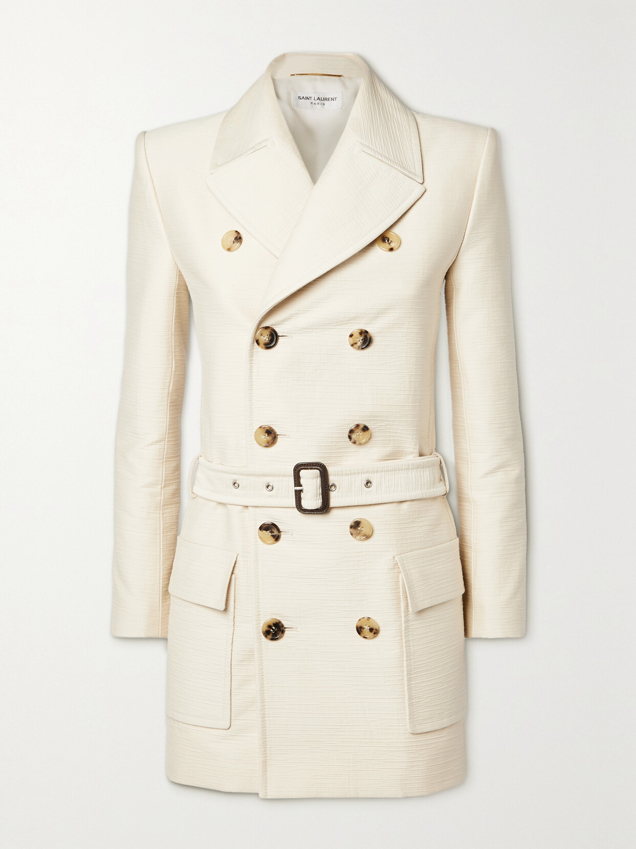 Shop Saint Laurent Double-breasted Belted Cotton And Wool-blend Tweed Jacket In Neutrals