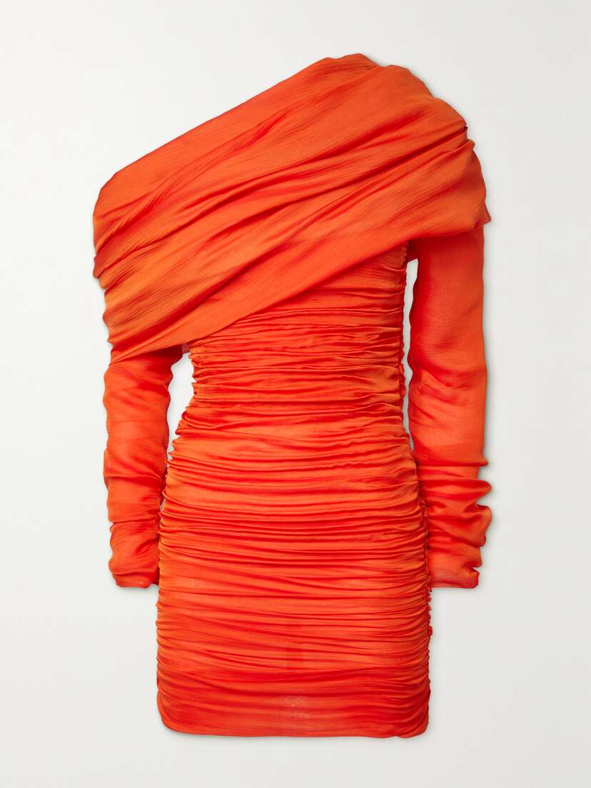 Saint Laurent One-shoulder Ruched Silk-crepon Mini Dress