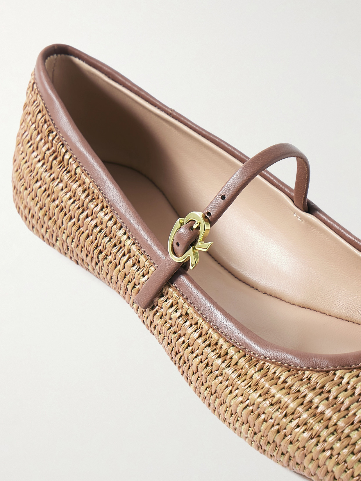 Shop Gianvito Rossi Carla Leather-trimmed Raffia Mary Jane Ballet Flats In Brown