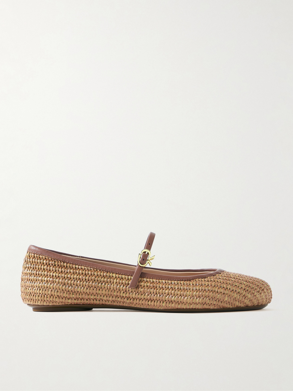 Shop Gianvito Rossi Carla Leather-trimmed Raffia Mary Jane Ballet Flats In Brown