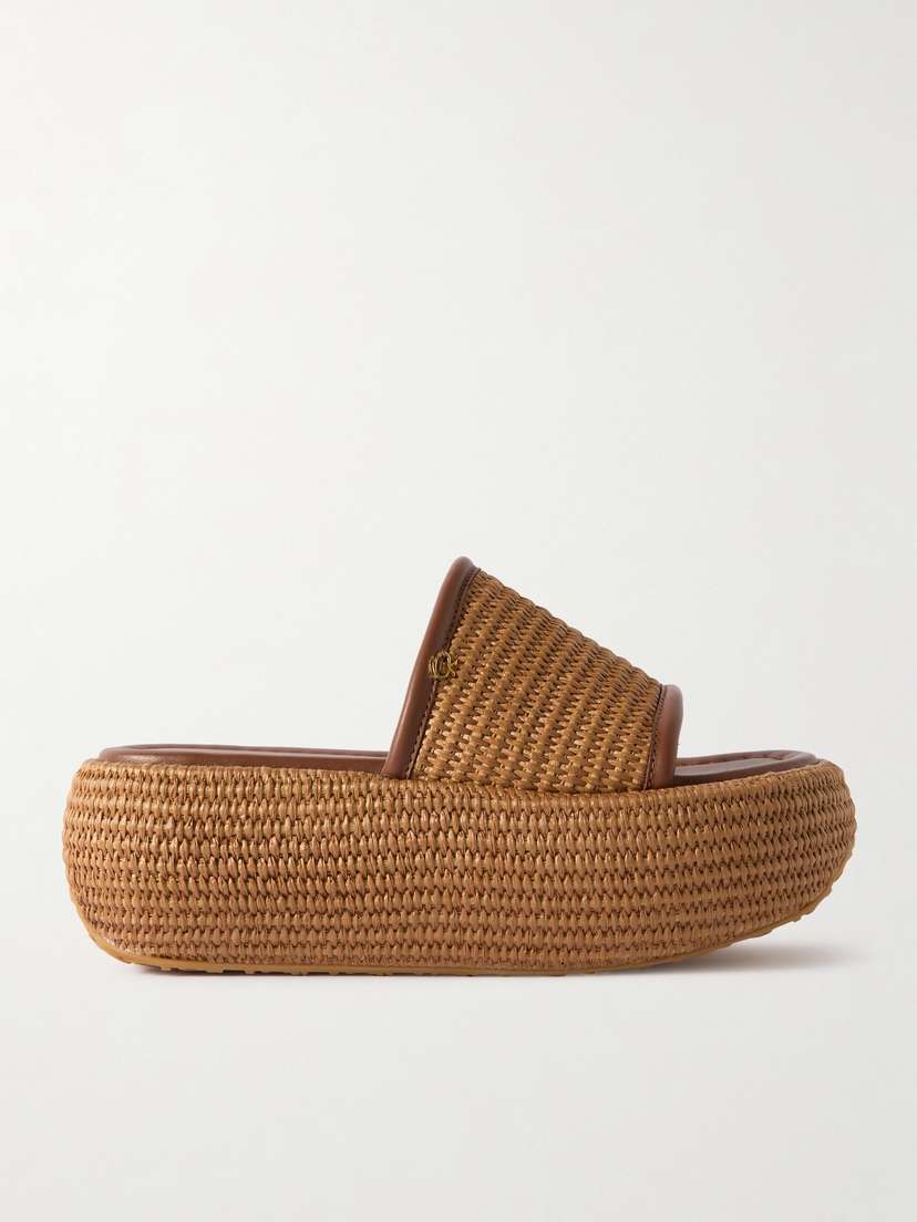Gianvito Rossi Marbella Leather-trimmed Raffia Platform Slides