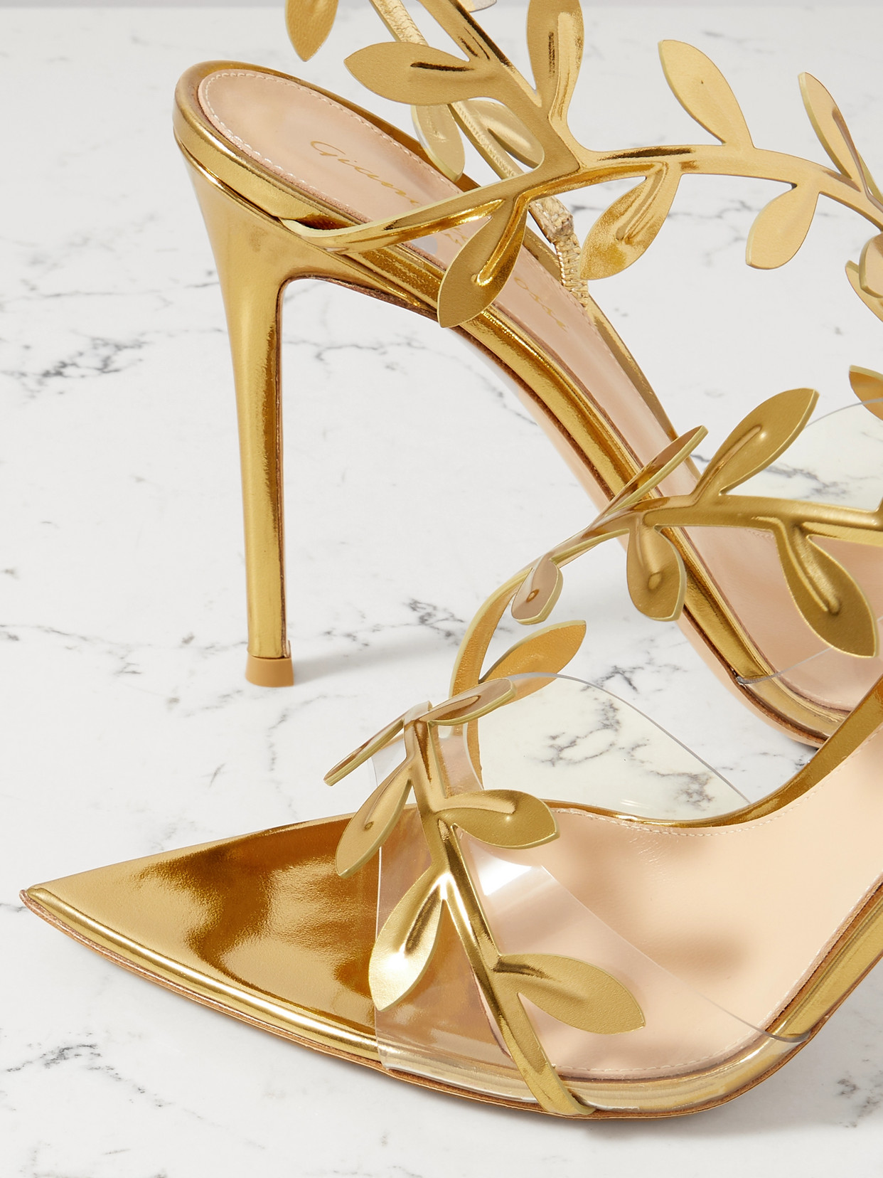 Gianvito Rossi Flavia Leaf Pointed Toe Asymmetric Slingback Sandal In Gold