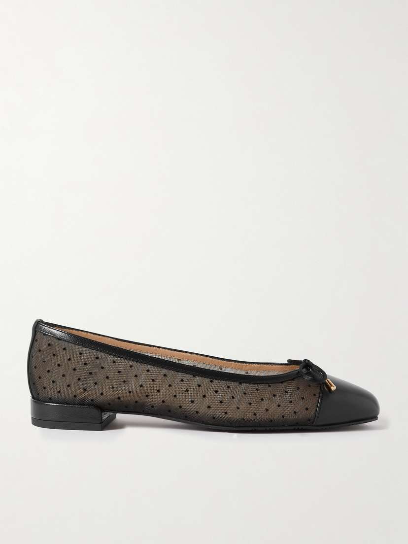 Stuart Weitzman Bow-embellished Leather-trimmed Polka-dot Flocked Mesh Ballet Flats