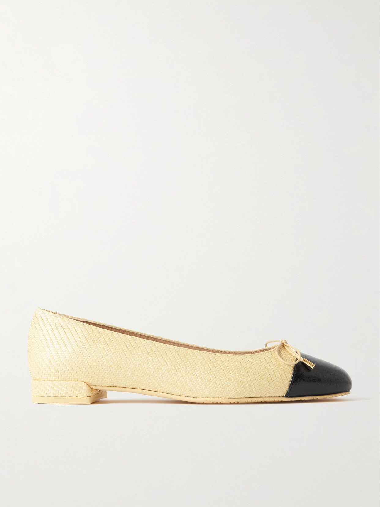 Stuart Weitzman Sleek Bow Leather-trimmed Raffia Ballet Flats In Cream