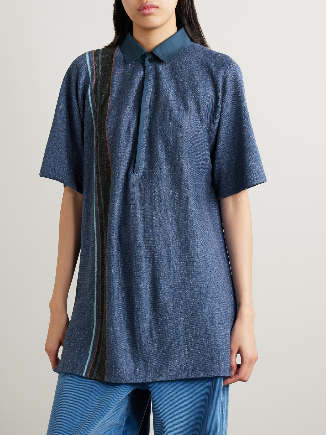 The Row Eddie Oversized Striped Linen Shirt In Blue