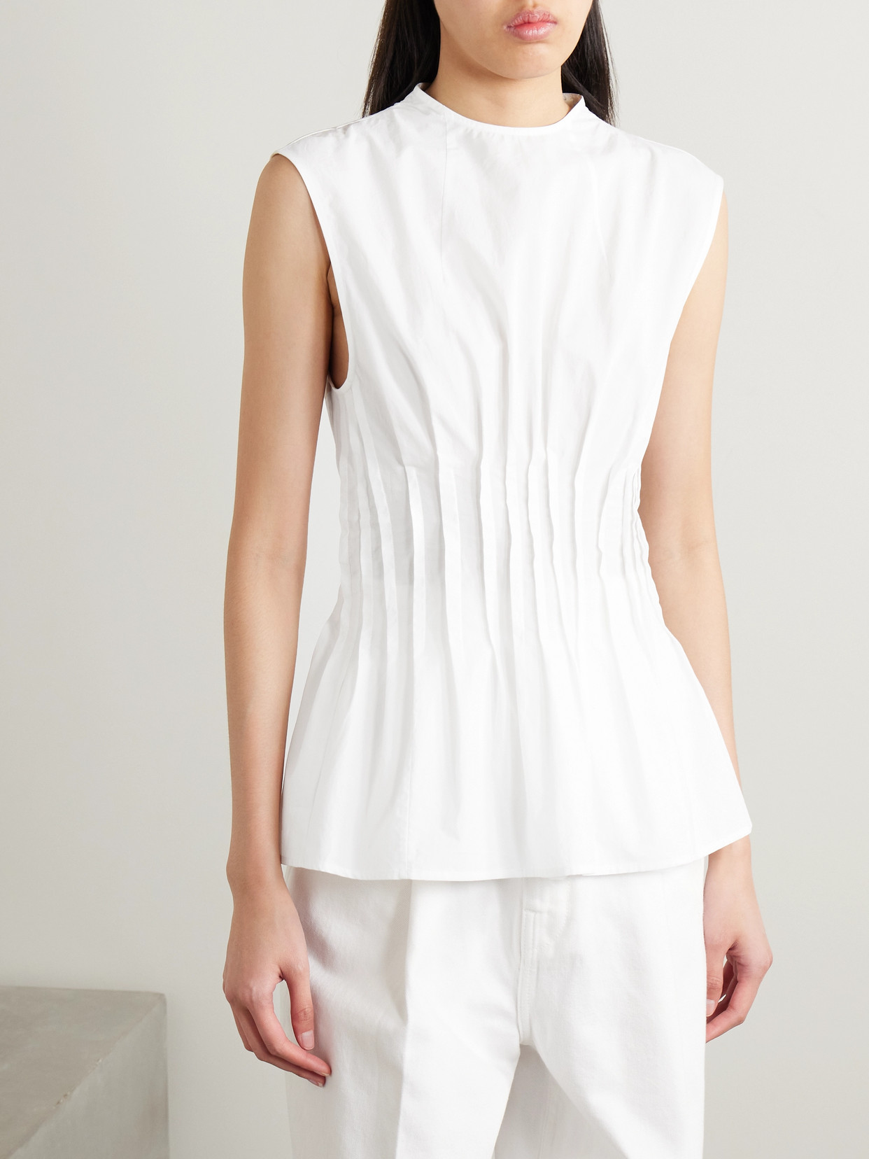 Khaite Westin Pleated Cotton-poplin Top In White