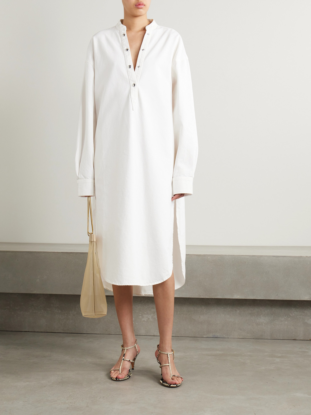 Shop Khaite Seffi Oversized Denim Midi Shirt Dress In White